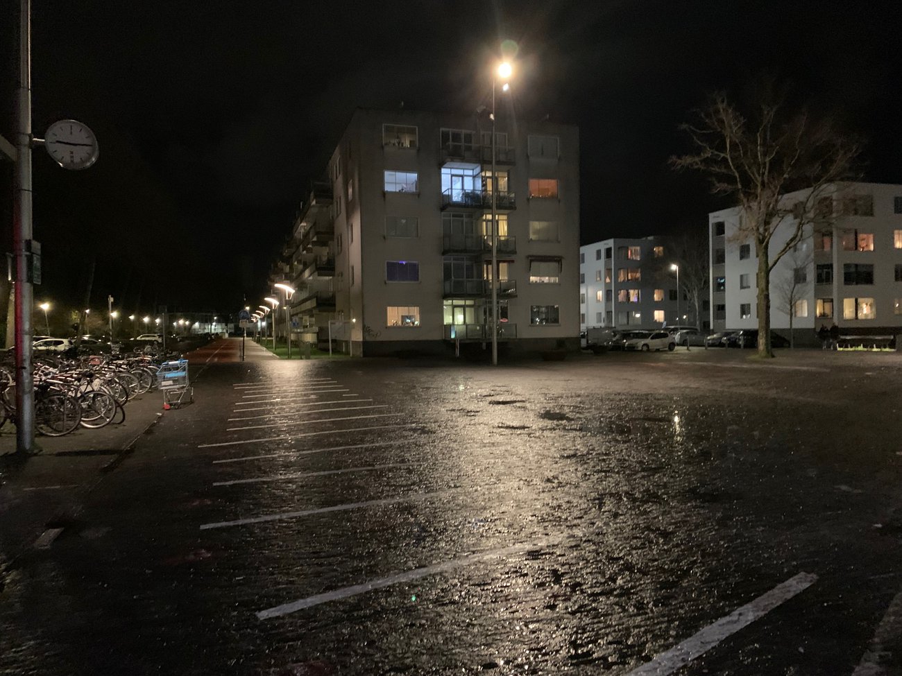 Appartment complex and carpark at night